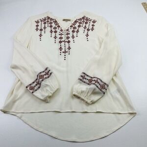 Democracy Women MediumCream Boho Embroidered Peasant Blouse long Sleeve V-neck